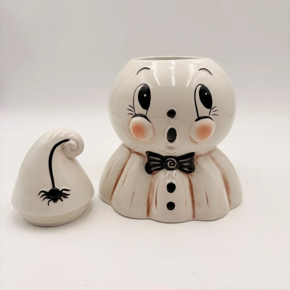 Johanna Parker Ceramic Ghost Canister Halloween Cookie Jar with Spider Hat